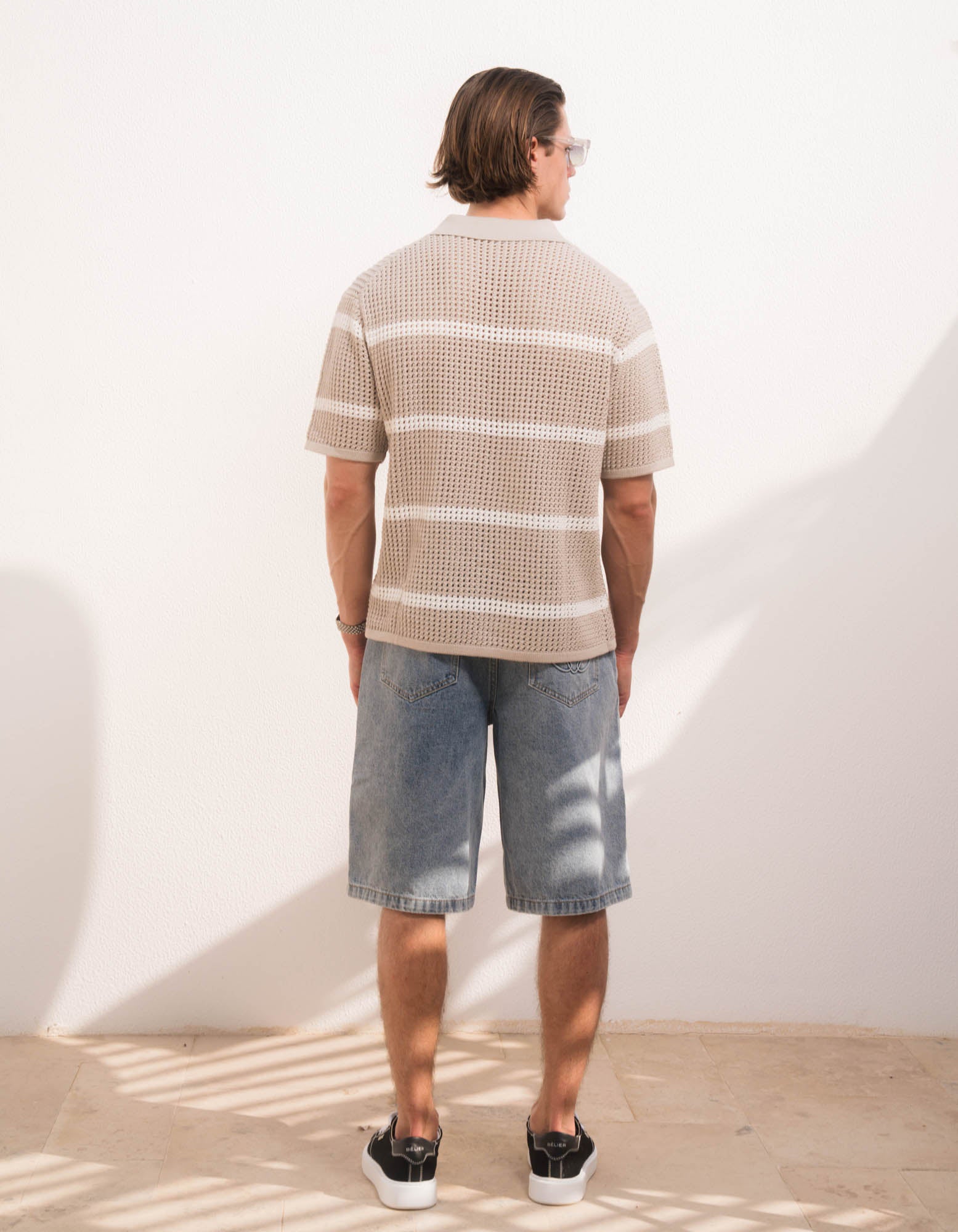 Kobe Striped Crochet Polo - Taupe/Beige