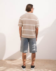 Kobe Striped Crochet Polo - Taupe/Beige