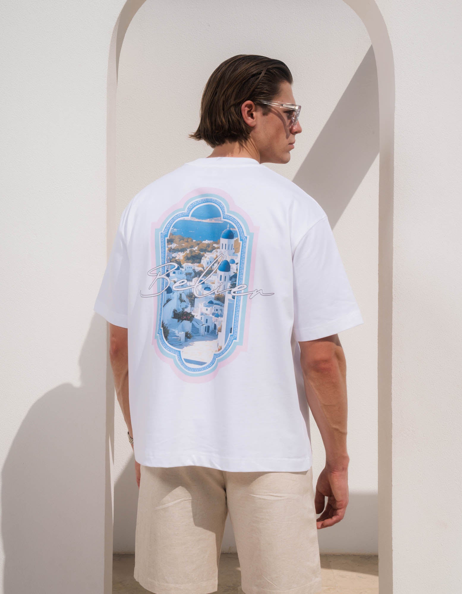 Santorini View Graphic T-Shirt- White