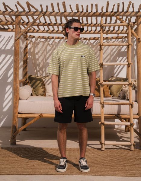 Men's Olive/Ecru Pique Stripe T-Shirt | Striped Crochet Shirt for