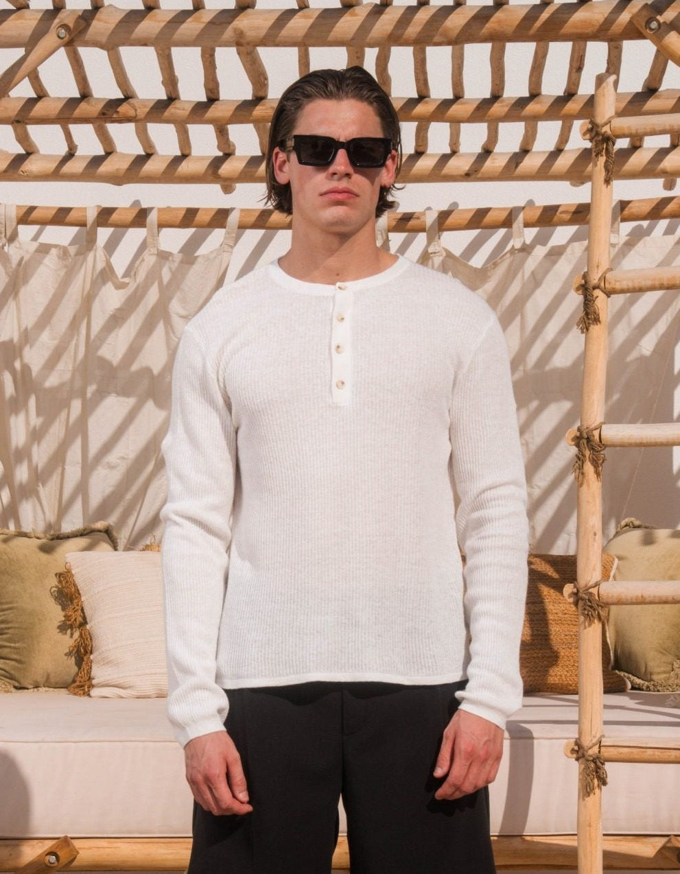 Ewan Knitted Henley Collar T-Shirt - White