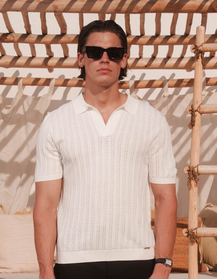Enzo Chevron Knit Polo - White