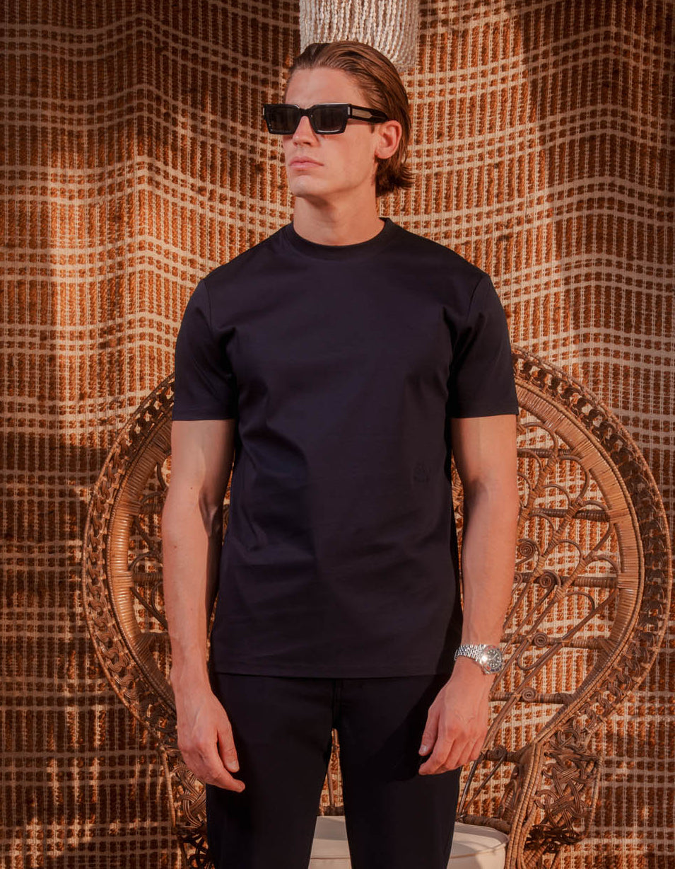 Crest Embroidered Mercerised T-Shirt - Navy