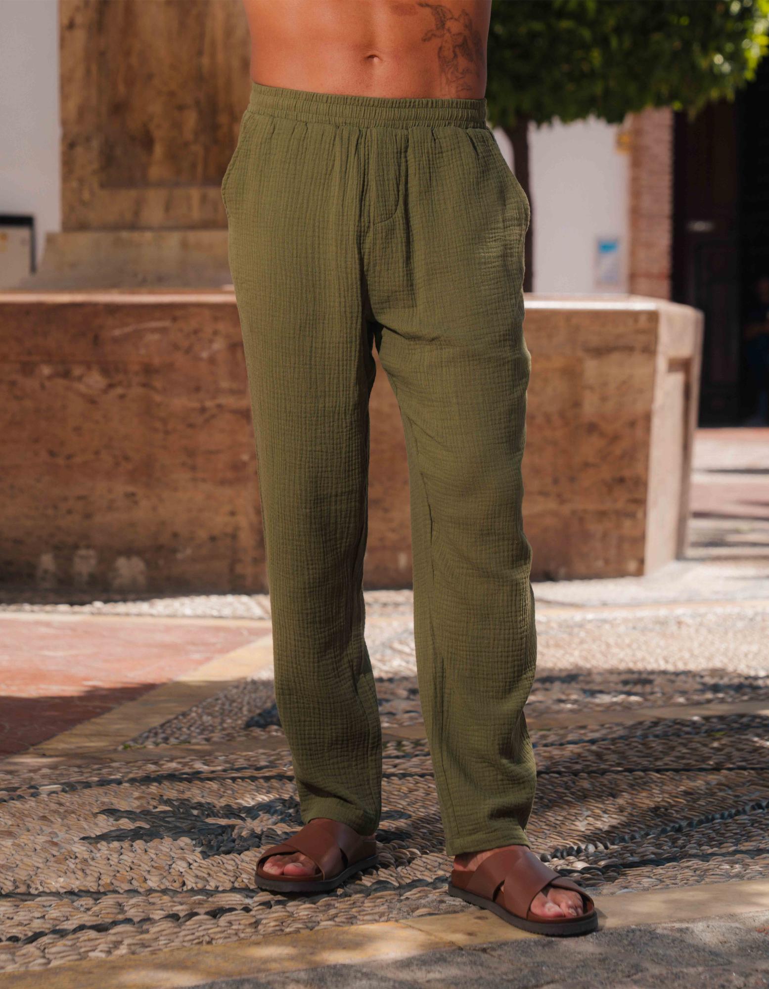 Duane Cotton Gauze Drawstring Trouser - Khaki