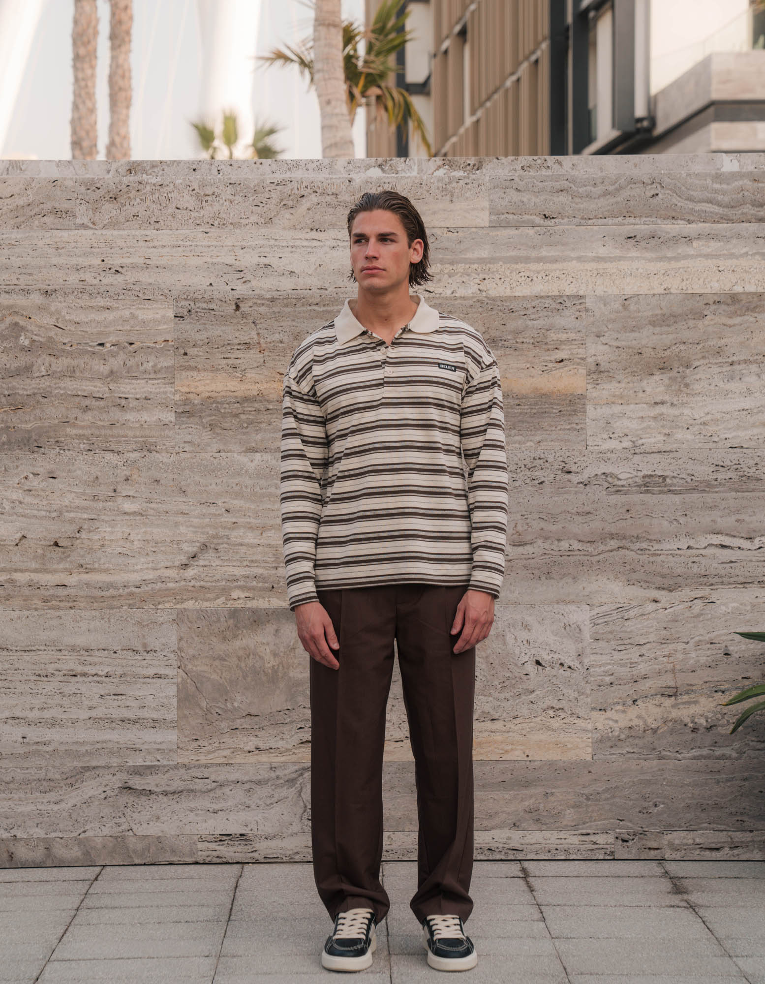 Ecru/Brown Stripe Long Sleeve Polo