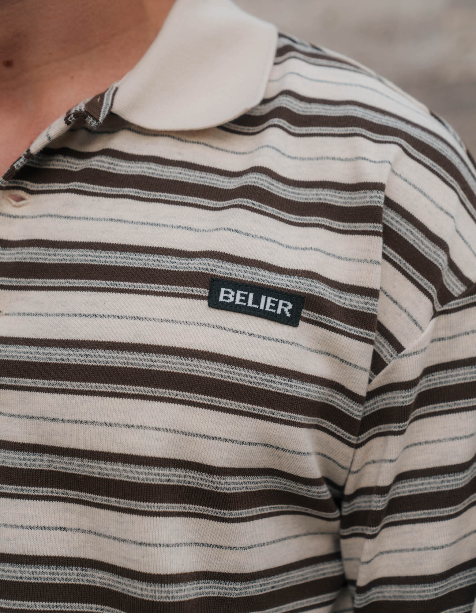 Ecru/Brown Stripe Long Sleeve Polo