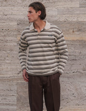 Ecru/Brown Stripe Long Sleeve Polo