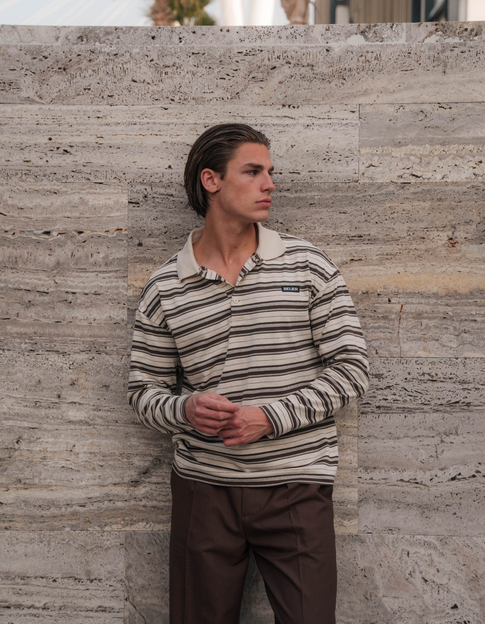 Ecru/Brown Stripe Long Sleeve Polo
