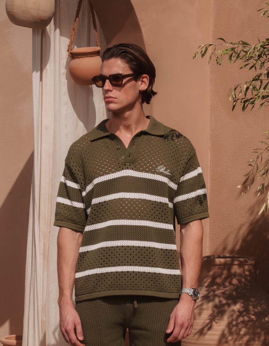 St.Tropez Crochet Polo - Olive/Ecru