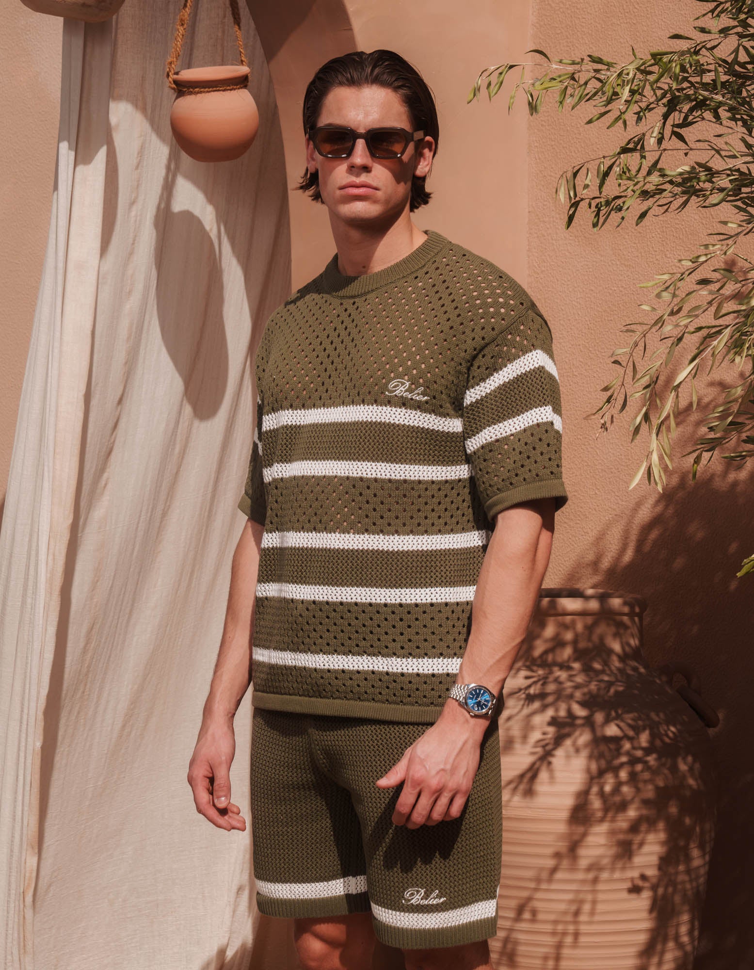 St.Tropez Crochet T-Shirt - Olive/Ecru