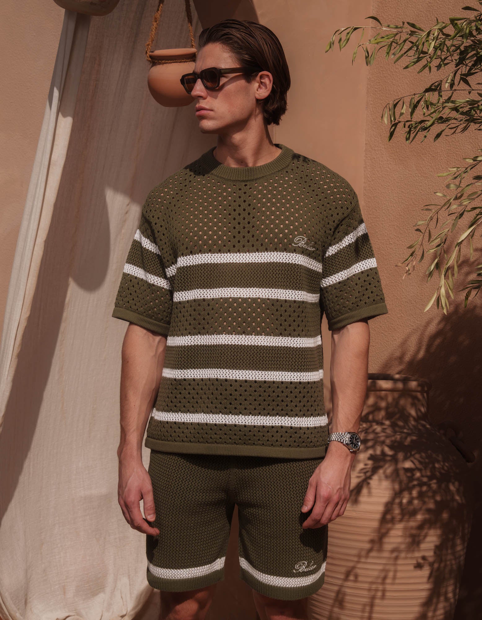 St.Tropez Crochet T-Shirt - Olive/Ecru