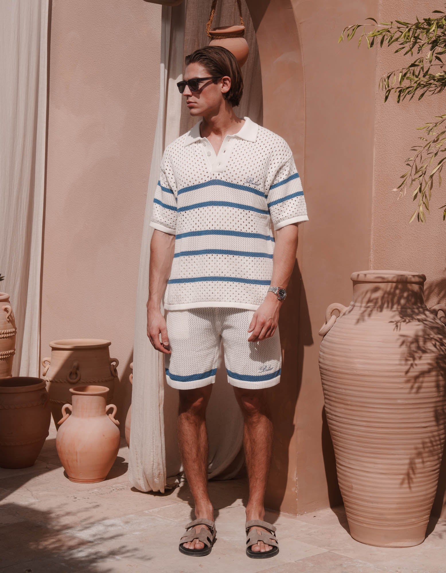 St.Tropez Striped Crochet Polo - White/Blue