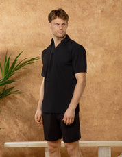 Black Pleated Cuban Collar Polo