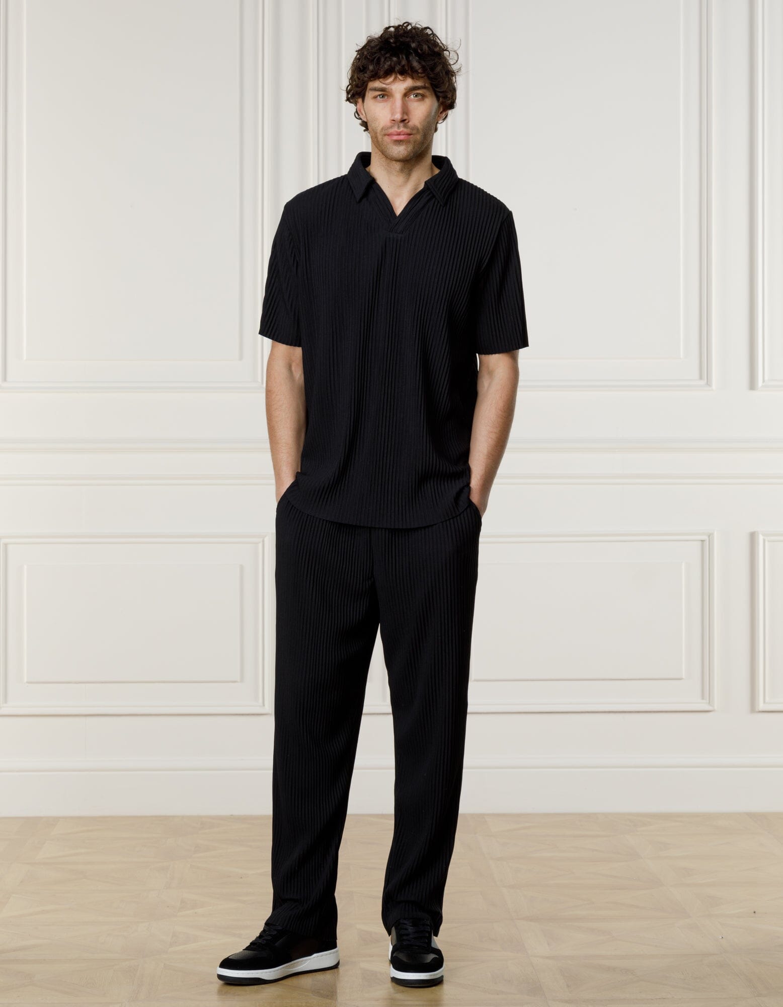 Black Pleated Cuban Collar Polo