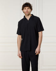 Black Pleated Cuban Collar Polo