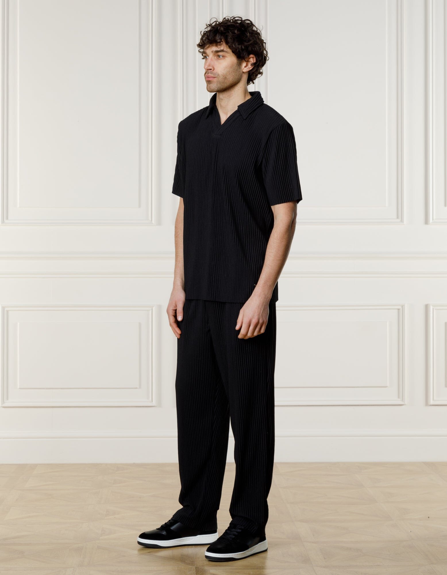 Black Pleated Cuban Collar Polo