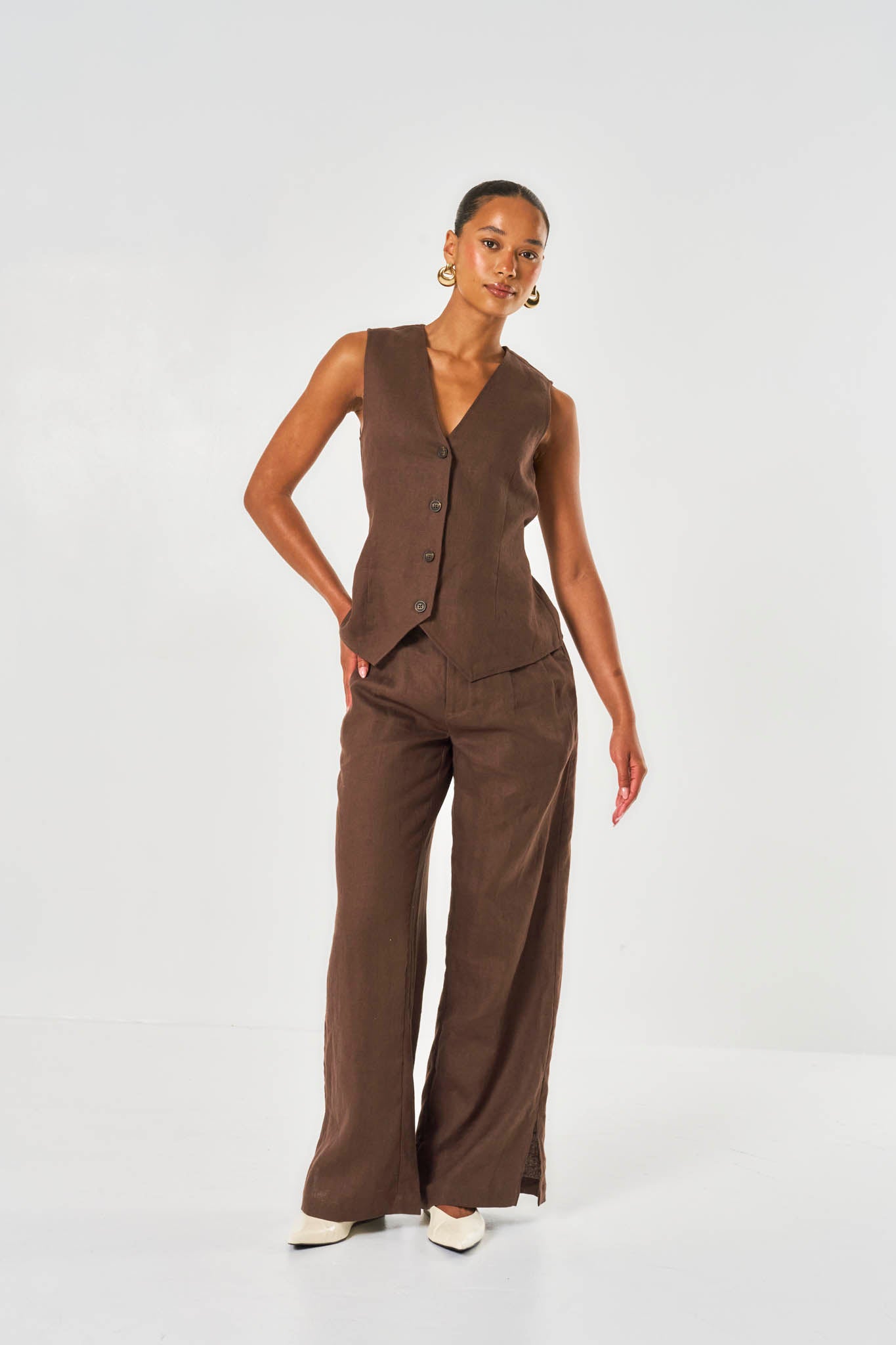 Amelia Linen Waistcoat - Brown
