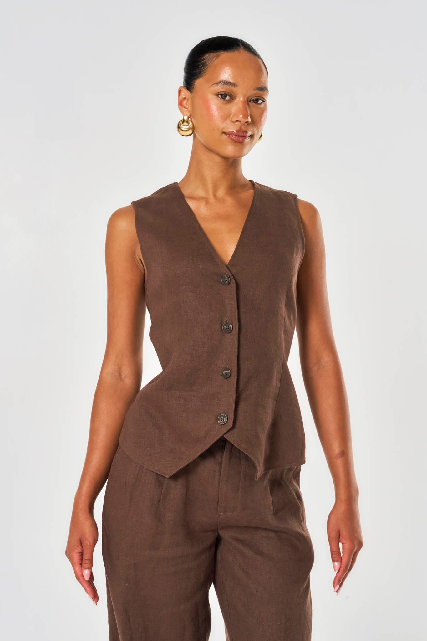 Amelia Linen Waistcoat - Brown