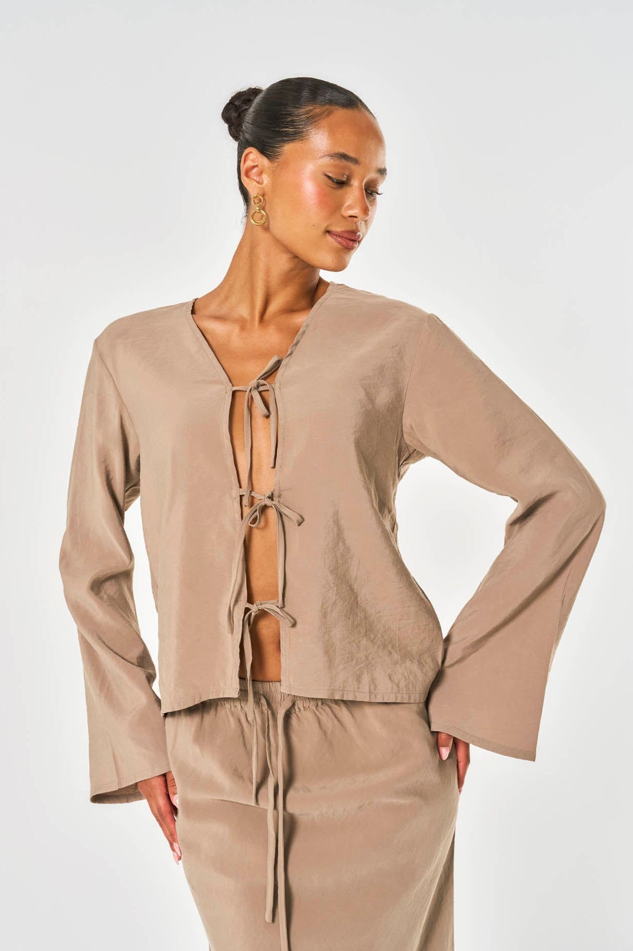 Lila Modal Tie Front Shirt - Taupe