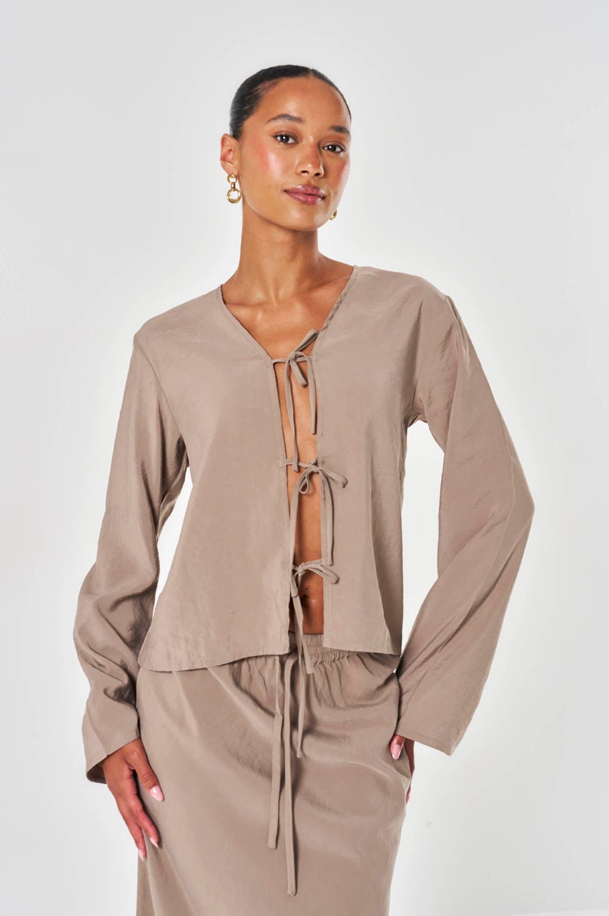 Lila Modal Tie Front Shirt - Taupe