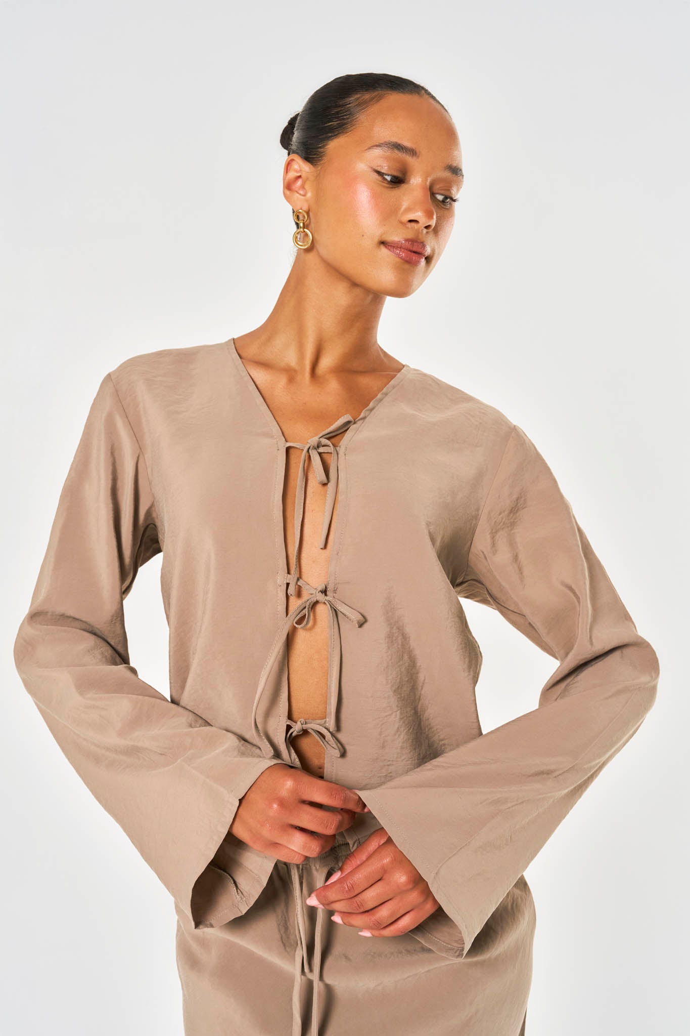 Lila Modal Tie Front Shirt - Taupe