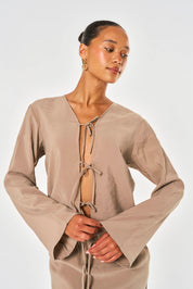 Lila Modal Tie Front Shirt - Taupe