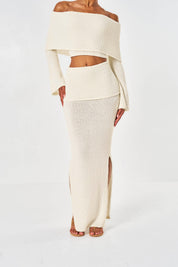 Clara Knitted Maxi Skirt With Folded Waist - Off White