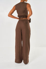 Amelia Wide Leg Linen Trouser - Brown