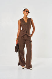 Amelia Wide Leg Linen Trouser - Brown