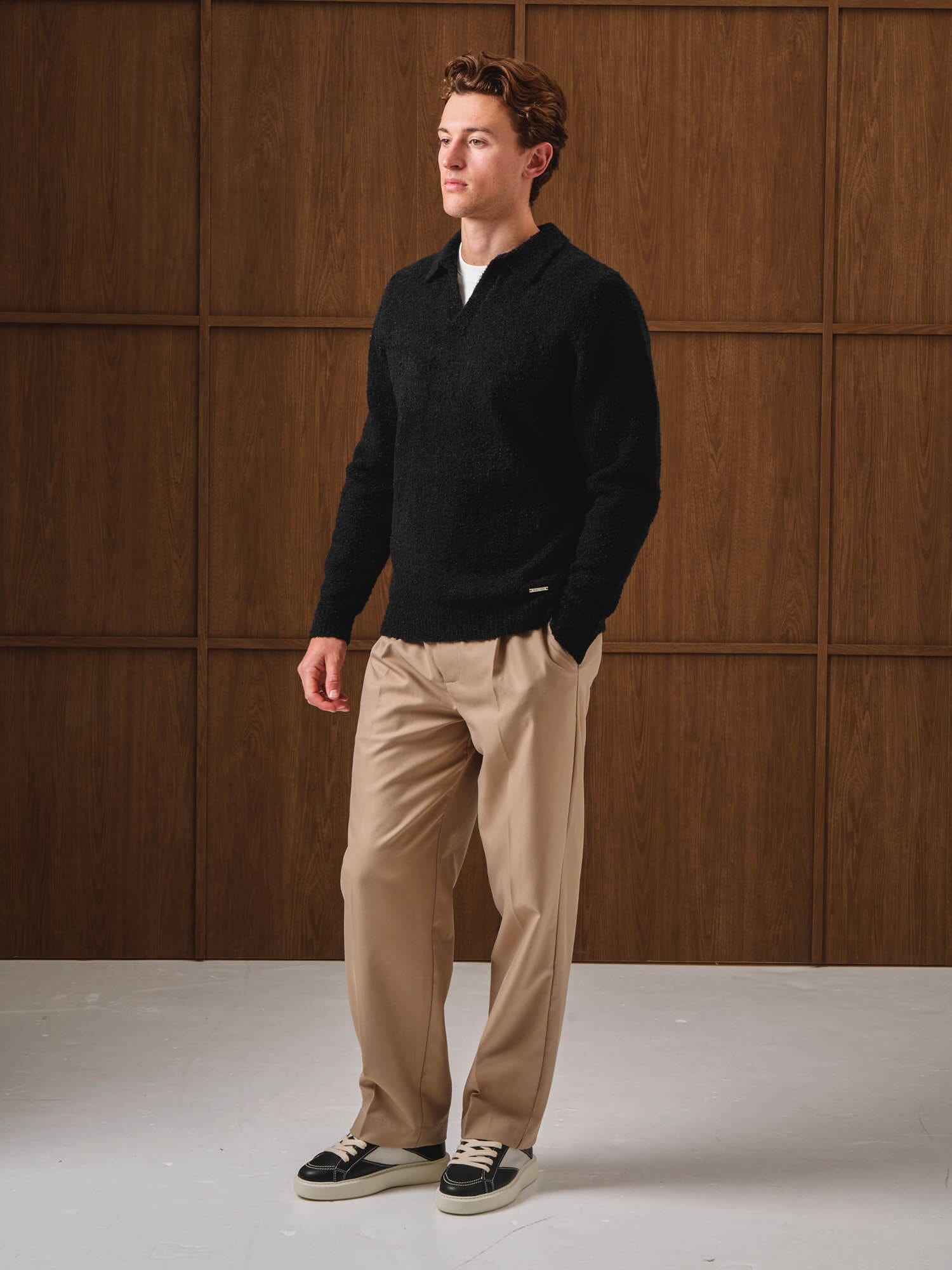 Black Knitted Open Collar Jumper