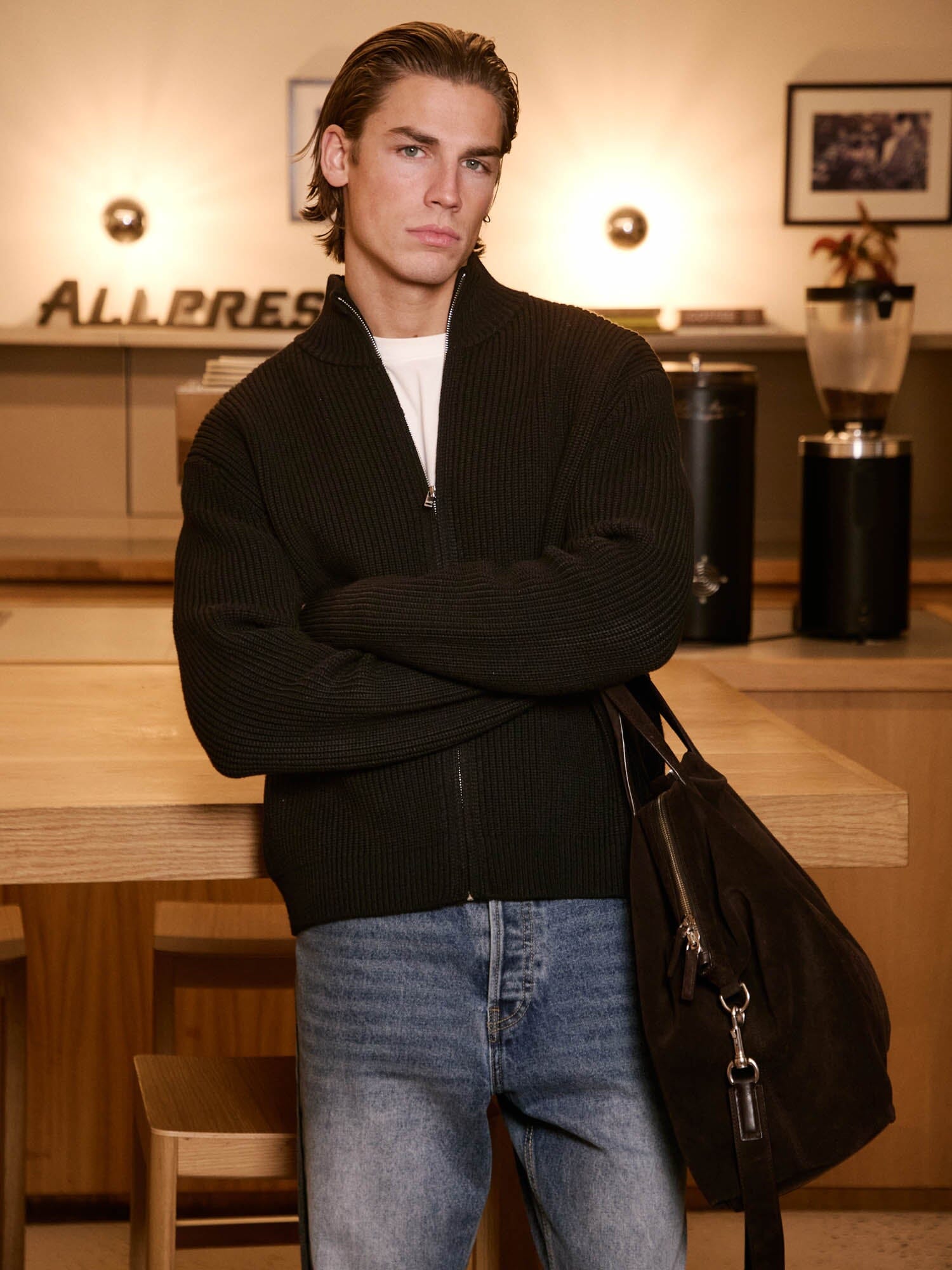 Black Chunky Rib Knit Zip Up Cardigan