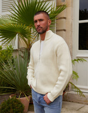 Ecru Chunky Rib Knit Zip Up Cardigan