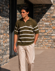 Olive Textured Men's Crochet Polo 