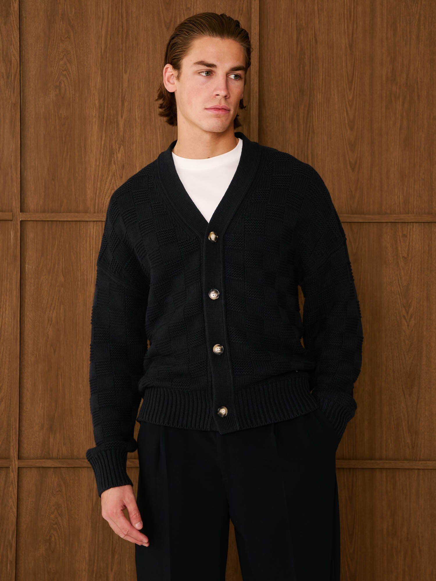 Navy Basket Weave Knit Cardigan