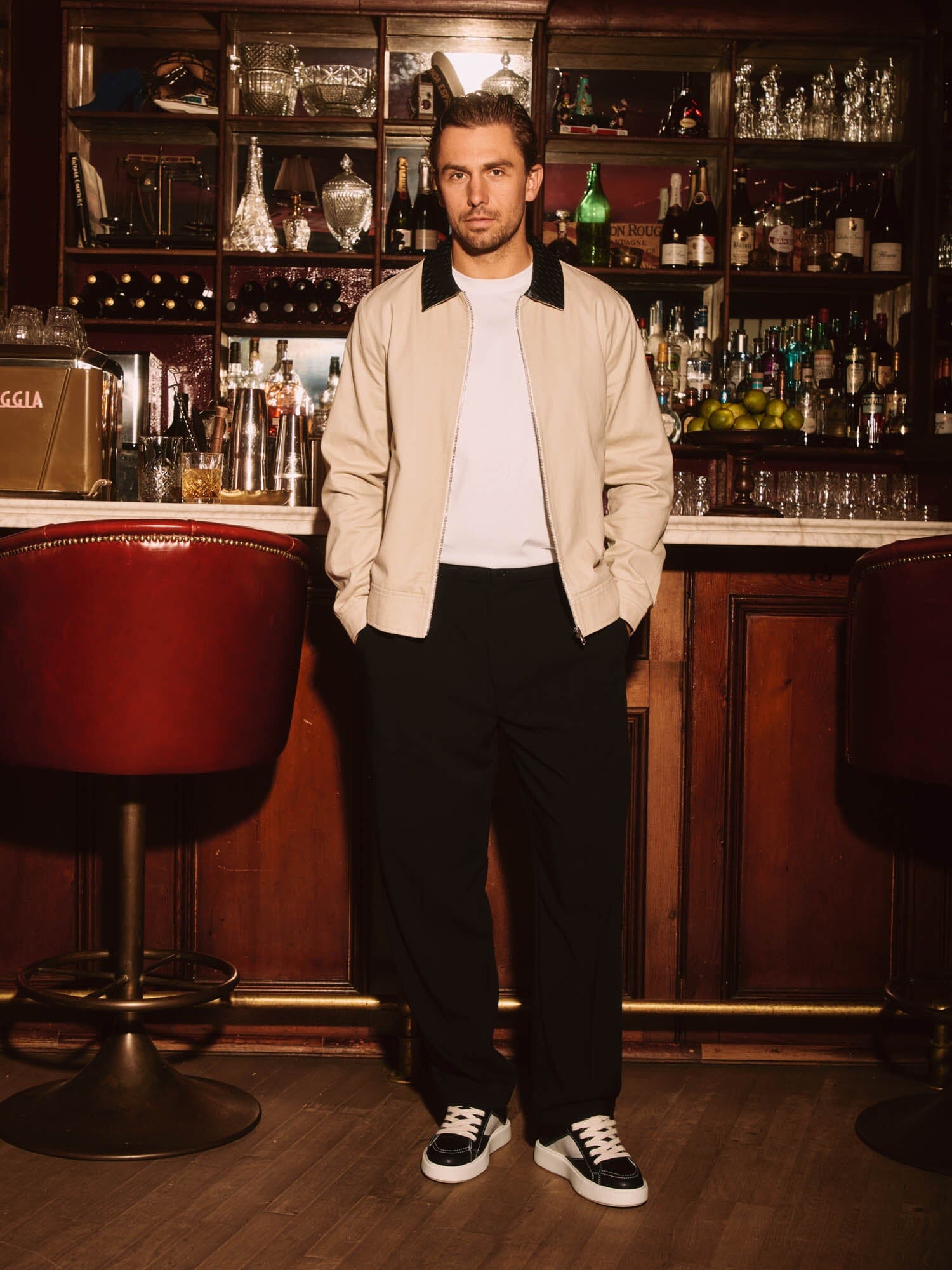 Beige Cotton Jacket with Leather Collar