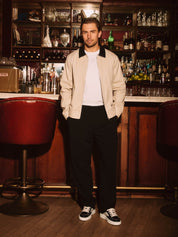 Beige Cotton Jacket with Leather Collar