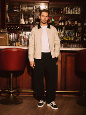 Beige Cotton Jacket with Leather Collar