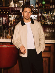 Beige Cotton Jacket with Leather Collar