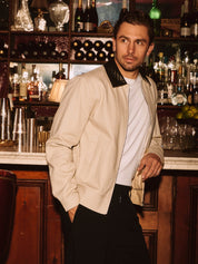 Beige Cotton Jacket with Leather Collar