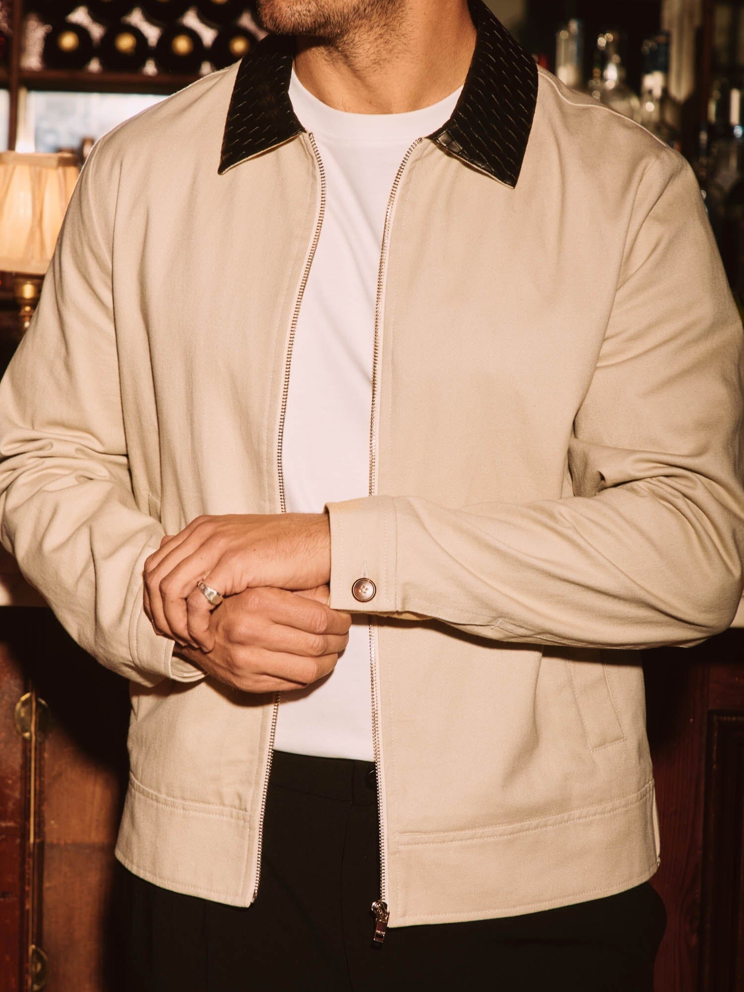 Beige Cotton Jacket with Leather Collar