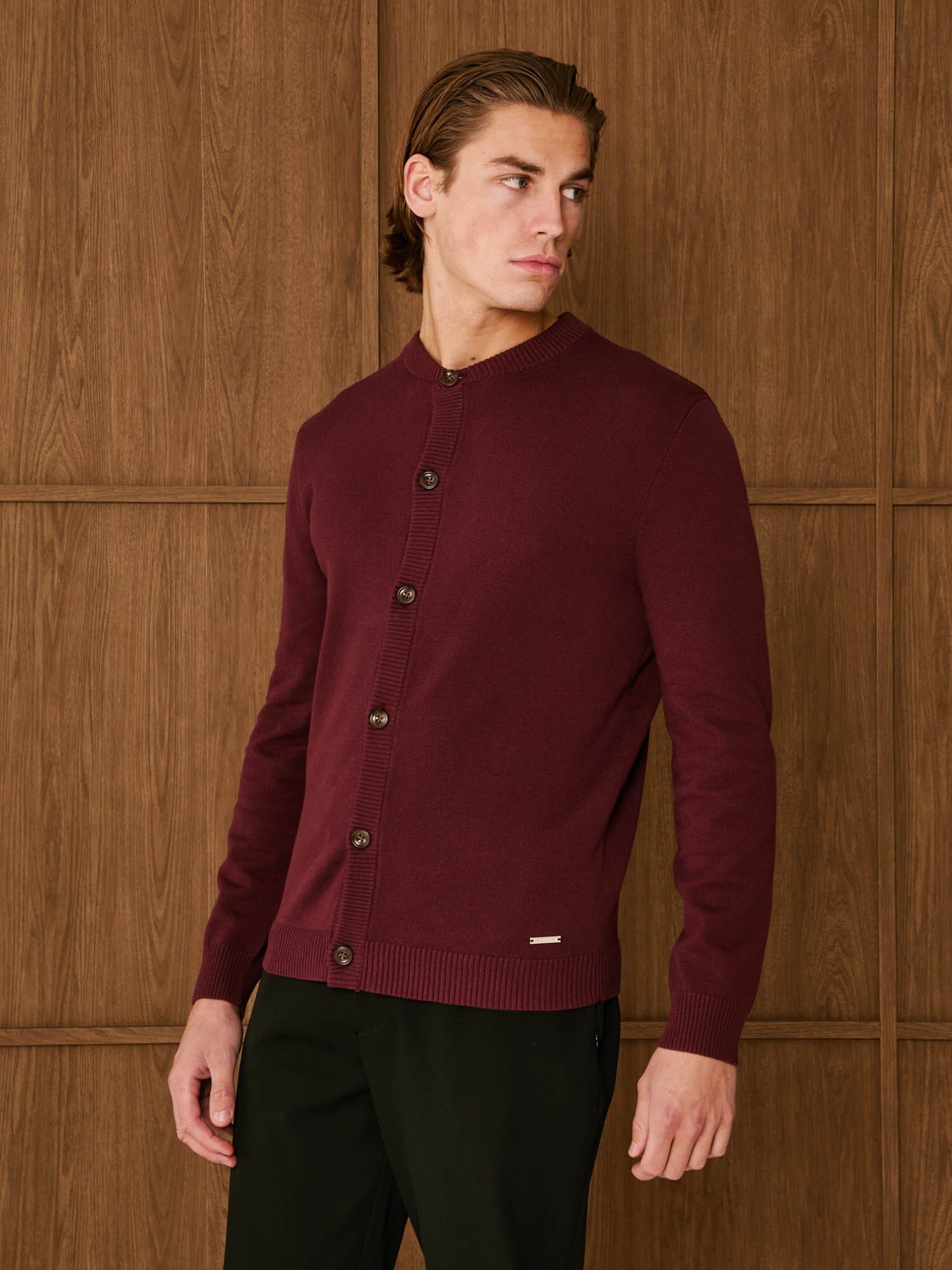 Oxblood Collarless Knit Cardigan