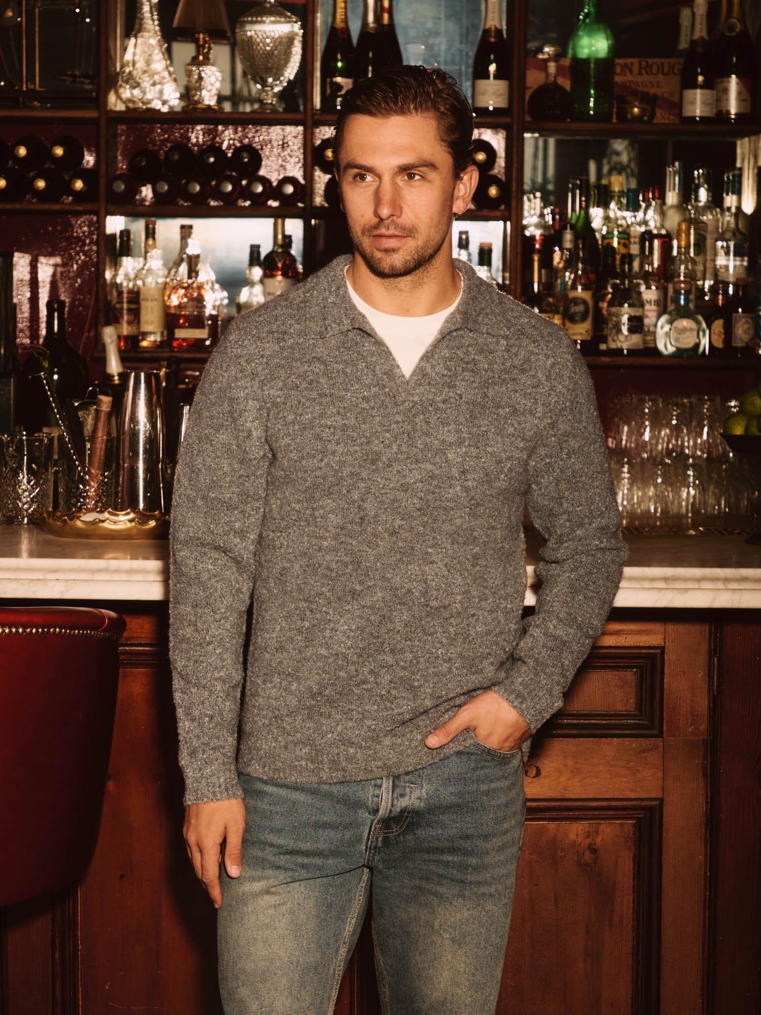 Grey Knitted Open Collar Jumper