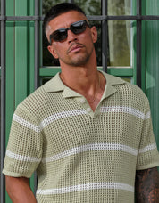 Kobe Striped Crochet Polo - Sage/White