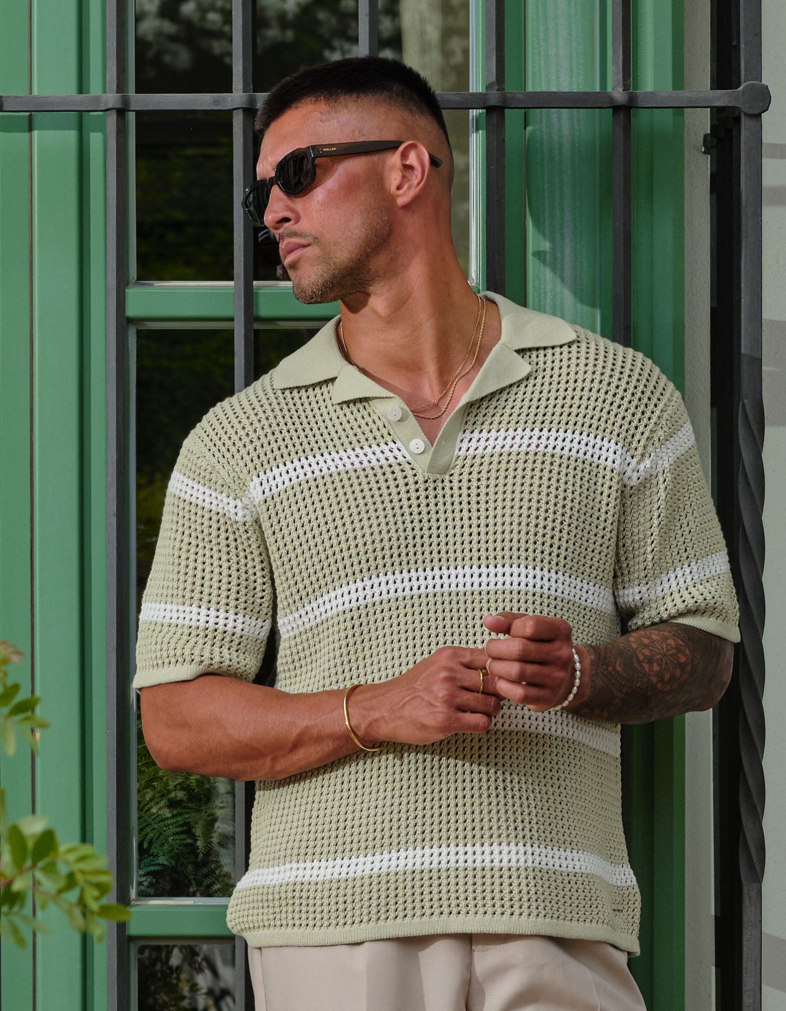 Kobe Striped Crochet Polo - Sage/White
