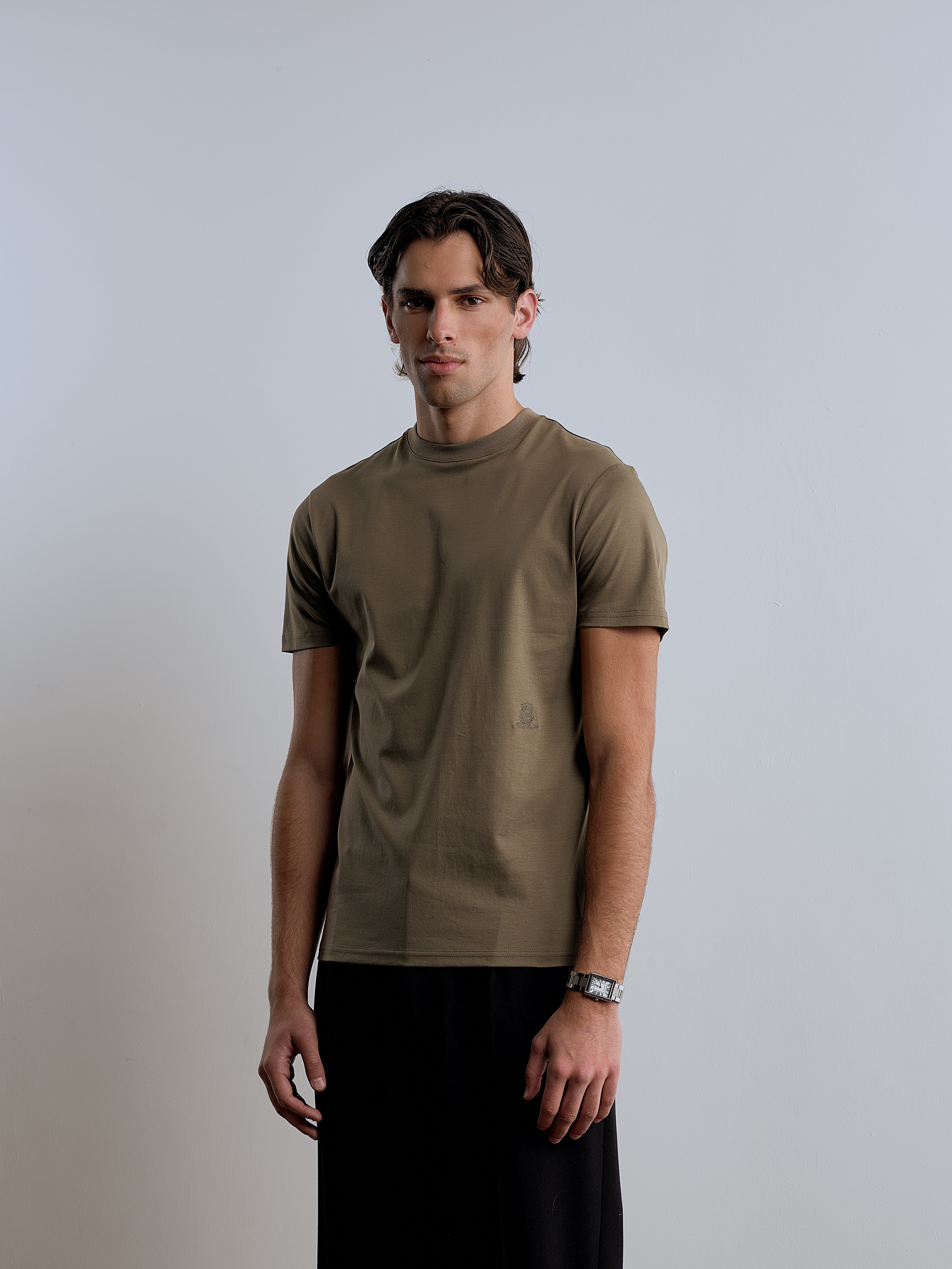 Crest Embroidered Mercerised T-Shirt - Olive