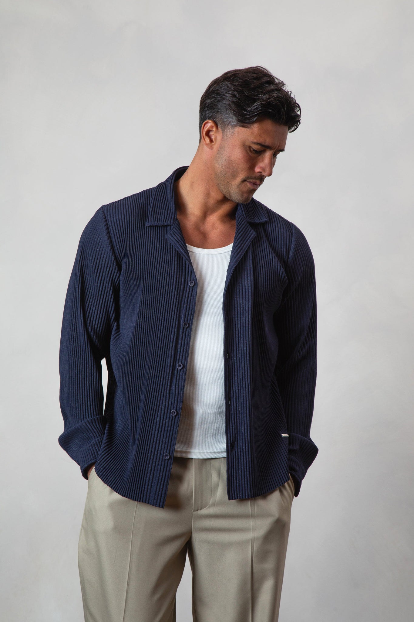 Navy Pleated L/S Shirt